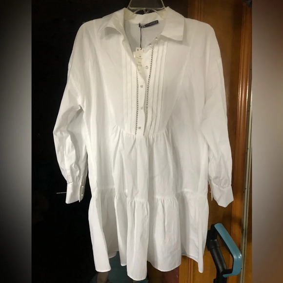 Zara White 100% Cotton Faux Pearl Buttons Voluminous Poplin Shirt Dress - Picture 10 of 12